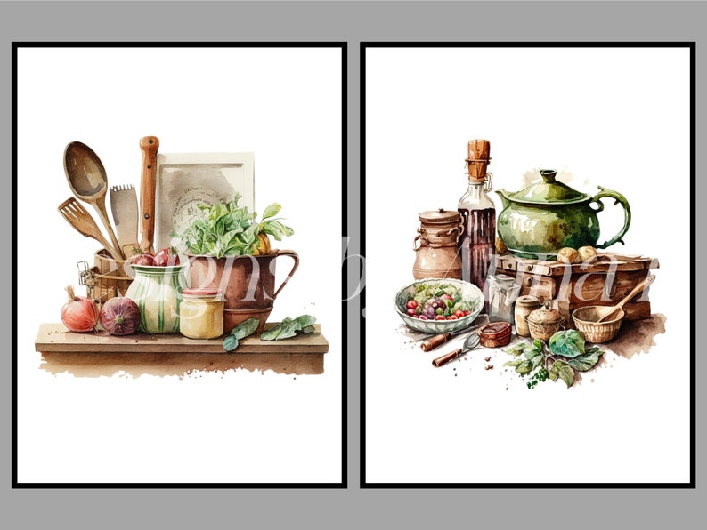 Puede incluir: Dos acuarelas de bodegones de cocina. La primera pintura presenta un estante de madera con una variedad de utensilios de cocina, verduras y frascos. La segunda pintura presenta una tetera verde, una caja de madera y un taz&oacute;n de ensalada.