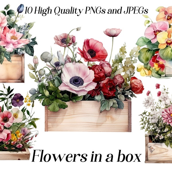 Watercolor box with flowers clipart, 10 high quality JPEG and PNG files, Floral box, botanical clipart, rustic clipart, cottagecore