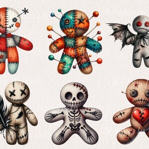 May include: Set of 6 digital illustrations of voodoo dolls with various designs. The dolls are in different colors and have different facial expressions. One doll has wings, one has a skeleton design, and one has a heart with a stitch through it.