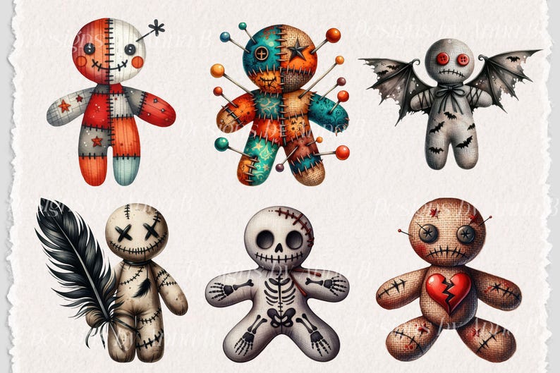 May include: Set of 6 digital illustrations of voodoo dolls with various designs. The dolls are in different colors and have different facial expressions. One doll has wings, one has a skeleton design, and one has a heart with a stitch through it.