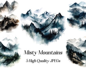 Watercolor Mountains clipart, 5 High Quality JPEGs, watercolor landscape scenery, nature clipart, mountain range, printable graphics