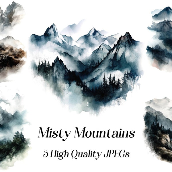 Aquarelle montagnes clipart, 5 JPEG de haute qualité, paysage paysage aquarelle, clipart nature, chaîne de montagnes, graphiques imprimables