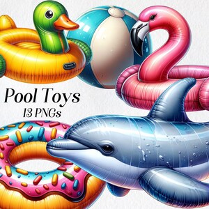 Pool Toys Clipart, watercolor floaties clip art, png, pool party, beach, swimming, beach ball, summer, flamingo, unicorn, float, graphics