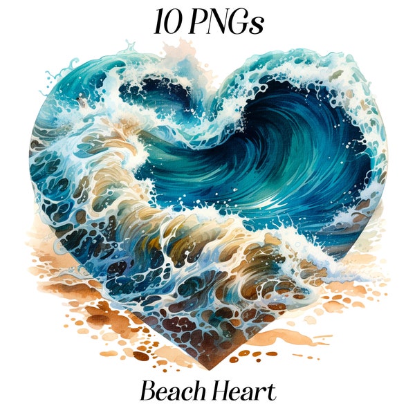 Watercolor Beach heart clipart, 10 high quality PNG Files, beach sublimation design, beach illustration, ocean waves, sea froth clipart