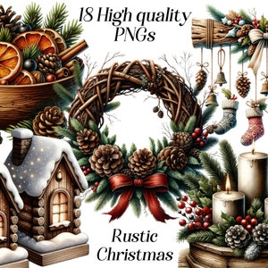 Rustieke kerstclipart - gezellige boerderijvakantie png, feestelijke winter digitale kunst, vintage kerstdecor