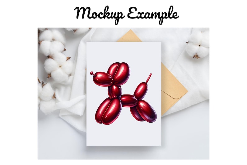 May include: A red balloon animal shaped like a dog on a white card. The card is on a white surface with a brown envelope and white cotton balls.