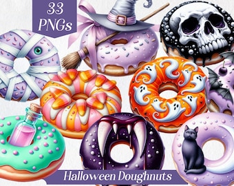 Watercolor Halloween Doughnuts Clipart: 33 PNG Images (Digital Download)