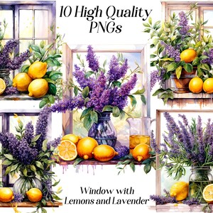 Może przedstawiać: Kolaż dziesięciu obraz&oacute;w cyfrowych przedstawiających okna z lawendą i cytrynami. Tekst "10 High Quality PNGs" i "Window with Lemons and Lavender" jest zawarty w obrazie.
