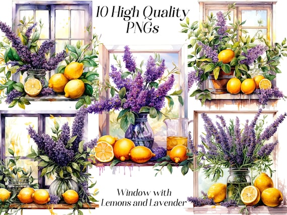 Watercolor Window Clipart: Lemons and Lavender (PNG Digital Download)