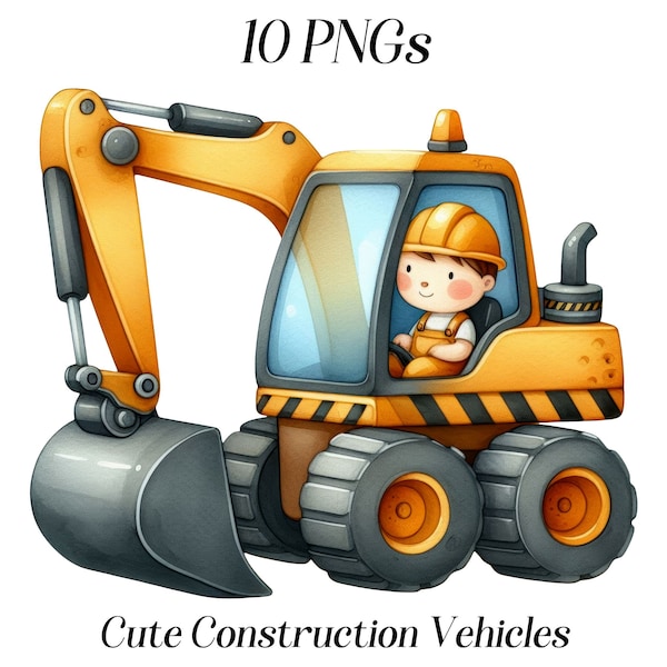 Watercolor cute construction vehicles clipart, 10 PNG files, building site, bulldozer, excavator, diggers, cement mixers, printable images