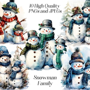Clipart famille bonhomme de neige aquarelle, 10 fichiers JPEG et PNG de haute qualité, parent de bonhomme de neige, cellule familiale, parents, vacances d'hiver, produits à imprimer
