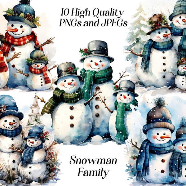 Watercolor snowman family clipart, 10 high quality JPEG and PNG files, snowman parent, family unit, relatives, winter holidays, printables
