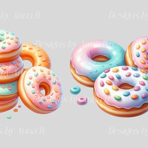 Puede incluir: Una pila de cuatro donuts con glaseado rosa y azul y espolvoreados, y tres donuts con glaseado rosa, azul y blanco y espolvoreados. Los donuts est&aacute;n sobre un fondo gris claro.