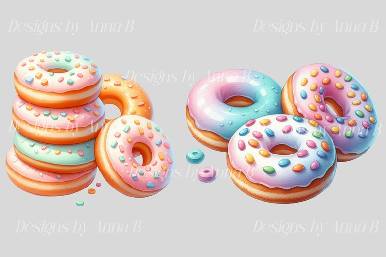 Puede incluir: Una pila de cuatro donuts con glaseado rosa y azul y espolvoreados, y tres donuts con glaseado rosa, azul y blanco y espolvoreados. Los donuts est&aacute;n sobre un fondo gris claro.