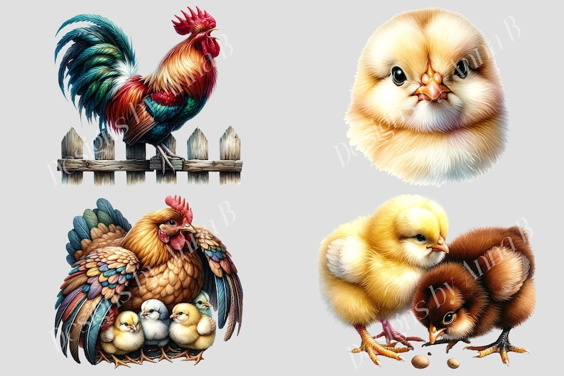 May include: A colorful rooster stands on a wooden fence, while a fluffy yellow chick sits on a white background. A hen with colorful feathers sits with her chicks, and two chicks, one yellow and one brown, peck at a seed on the ground.