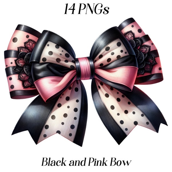Watercolor Black and Pink Bow clipart, 14 PNG files, pretty bow, fabric bow, fashion, decorative bow, bow illustration, printable graphics
