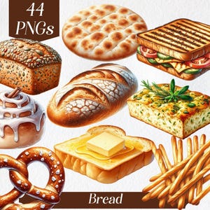 Clipart pane, pagnotta di pane, pane di grano, bagel, toast, croissant, focaccia, baguette, pane piatto, clipart cibo, pane acquerello, panetteria