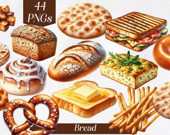 May include: A collection of 44 PNG images featuring various types of bread, including a loaf of sourdough, a cinnamon roll, a pretzel, a baguette, and a flatbread. The images are perfect for use in digital projects, such as websites, social media, and presentations.