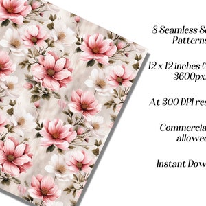 Peut inclure: Un motif sans couture avec des fleurs roses et blanches sur un fond en bois. Le motif mesure 30,48 cm sur 30,48 cm et a une r&eacute;solution de 300 DPI. Il est disponible pour un usage commercial et peut &ecirc;tre t&eacute;l&eacute;charg&eacute; instantan&eacute;ment.