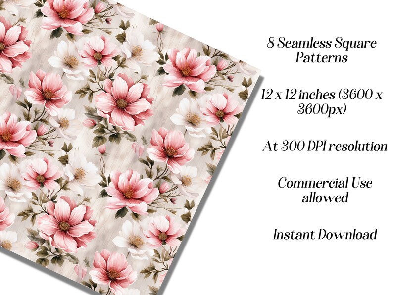 Peut inclure: Un motif sans couture avec des fleurs roses et blanches sur un fond en bois. Le motif mesure 30,48 cm sur 30,48 cm et a une r&eacute;solution de 300 DPI. Il est disponible pour un usage commercial et peut &ecirc;tre t&eacute;l&eacute;charg&eacute; instantan&eacute;ment.