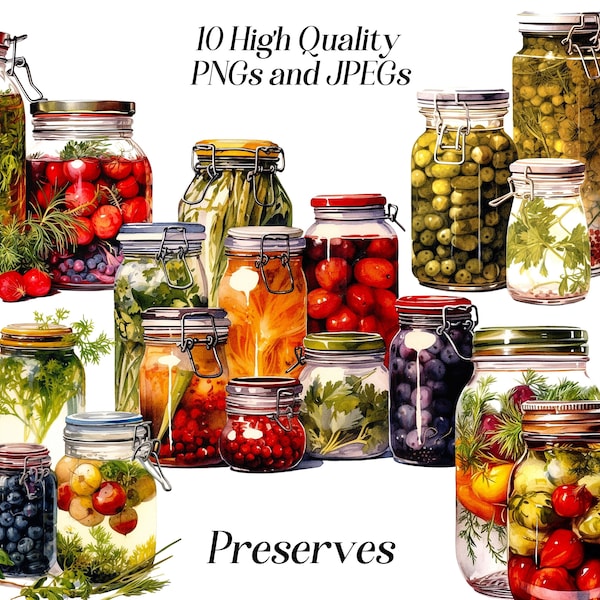 Watercolor preserves clipart, 10 high quality JPEG and PNG files, Food clipart, jars with pickles, glass jars with veg, printable graphics