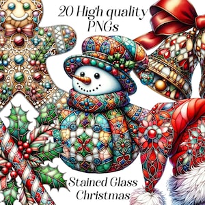 水彩ステンドグラスのクリスマス クリップアート、20 個の高品質 PNG ファイル、クリスマス グラフィック、冬の休日、お祝いのイラスト