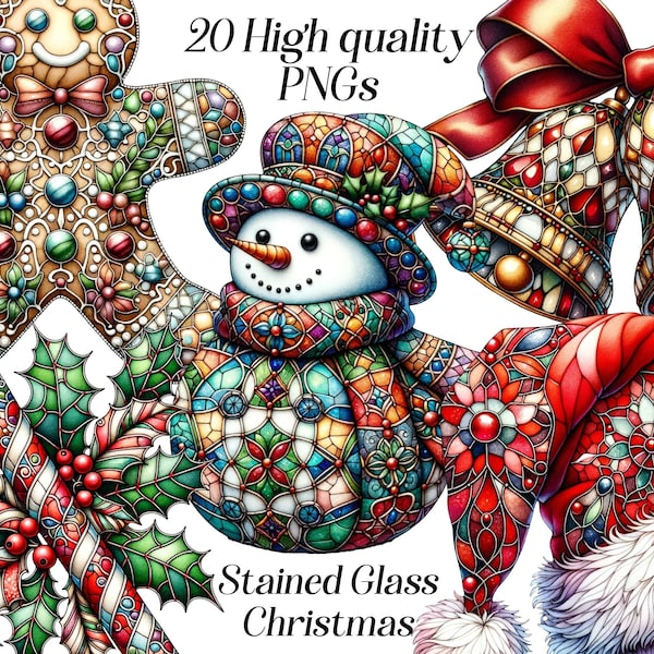 Watercolor Stained Glass Christmas clipart, 20 high quality PNG files, christmas graphics, winter holidays, festive illustration