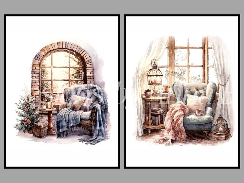 Watercolor Winter Clipart: Cozy Room Interior PNG JPEG Files (digital ...