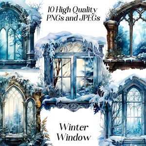 Clipart aquarelle de fenêtre d'hiver, 10 fichiers JPEG et PNG de haute qualité, fenêtre glacée, clipart neige, cadre de fenêtre, produits imprimables, sublimation