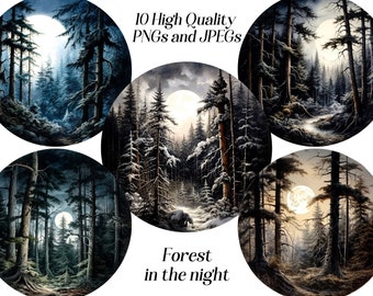 Watercolor forest clipart, 10 high quality JPEG and PNG files, Woodland landscape, forest at night, Forest and Moon, printables, digital