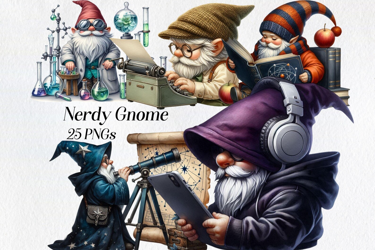 Watercolor Nerdy Gnome Clipart: Science, Physics, Wizard (PNG Digital ...