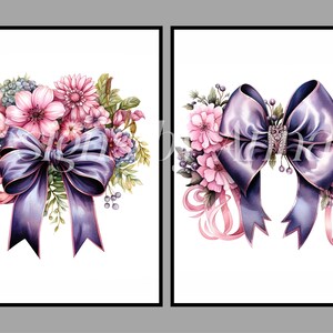 May include: Two watercolor illustrations of bouquets of pink flowers with purple satin bows. The bows are tied with a pink ribbon and have a jeweled center.