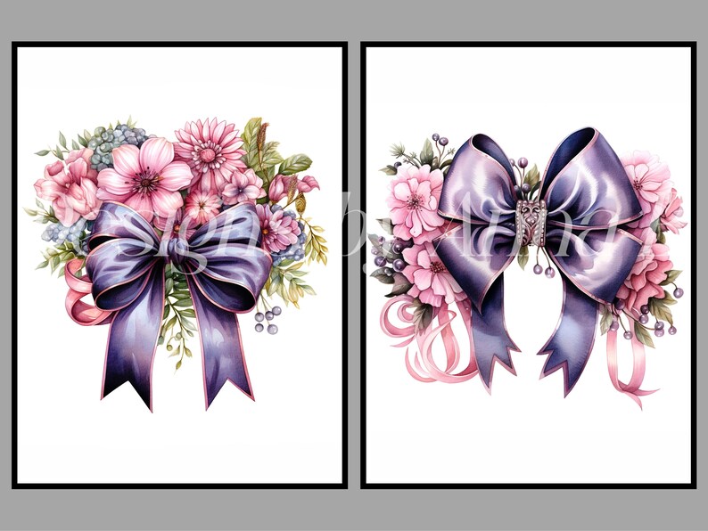 May include: Two watercolor illustrations of bouquets of pink flowers with purple satin bows. The bows are tied with a pink ribbon and have a jeweled center.