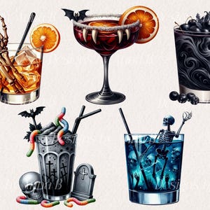 May include: Five Halloween-themed cocktails. A red cocktail with an orange slice and a bat garnish. A black cocktail with a skull and blackberries. A blue cocktail with a skeleton and ice. A brown cocktail with a skeleton hand and an orange slice. A black and white cocktail with a tombstone and gummy worms.
