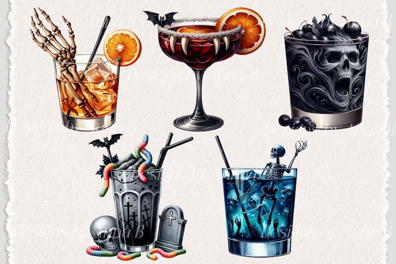 May include: Five Halloween-themed cocktails. A red cocktail with an orange slice and a bat garnish. A black cocktail with a skull and blackberries. A blue cocktail with a skeleton and ice. A brown cocktail with a skeleton hand and an orange slice. A black and white cocktail with a tombstone and gummy worms.