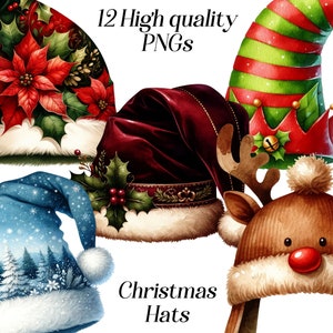 Clipart aquarelle de chapeaux de Noël, 12 fichiers PNG de haute qualité, graphiques de Noël, vacances d'hiver, chapeaux d'hiver, illustration festive, imprimables