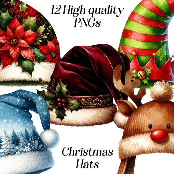 Watercolor Christmas Hats clipart, 12 high quality PNG files, xmas graphics, winter holidays, winter hats, festive illustration, printables