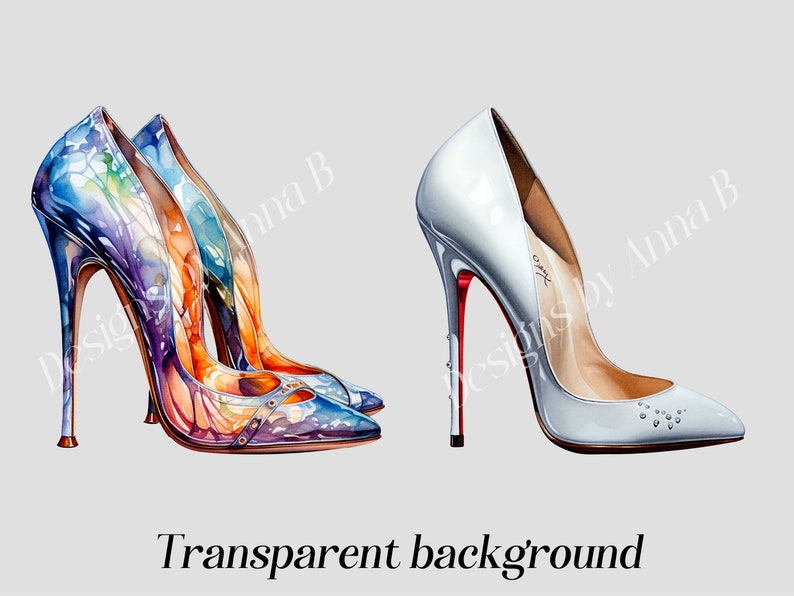 May include: Two pairs of high-heeled shoes with red soles. One pair is a vibrant blue, orange, and purple with a floral pattern. The other pair is a classic light blue.