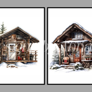 Puede incluir: Dos caba&ntilde;as de madera r&uacute;sticas con techos cubiertos de nieve, rodeadas de &aacute;rboles y nieve. La caba&ntilde;a de la izquierda tiene un porche con una barandilla y una puerta con una ventana. La caba&ntilde;a de la derecha tiene un porche con una silla y una puerta con una corona.