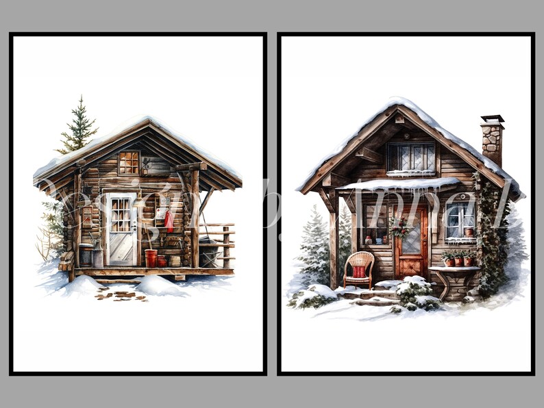 Puede incluir: Dos caba&ntilde;as de madera r&uacute;sticas con techos cubiertos de nieve, rodeadas de &aacute;rboles y nieve. La caba&ntilde;a de la izquierda tiene un porche con una barandilla y una puerta con una ventana. La caba&ntilde;a de la derecha tiene un porche con una silla y una puerta con una corona.