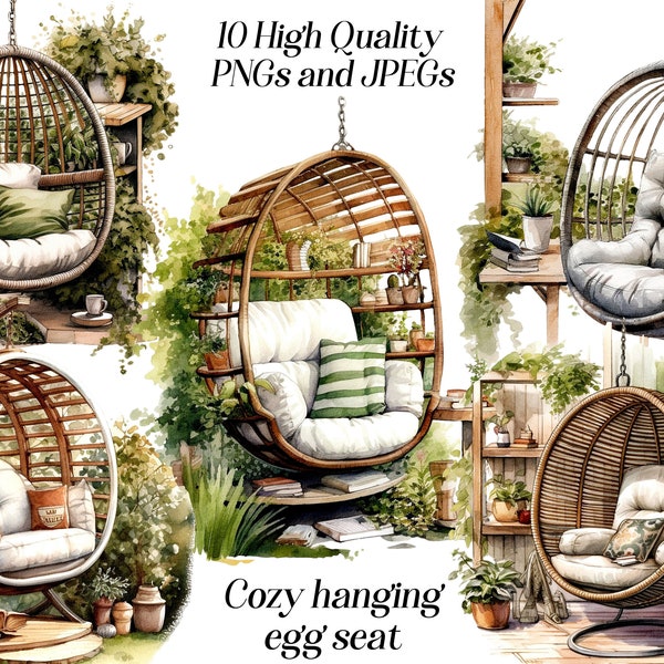 Watercolor hanging chair clipart, 10 high quality JPEG and PNG files, secret garden nook, cozy reading area, outdoor sitting, printables