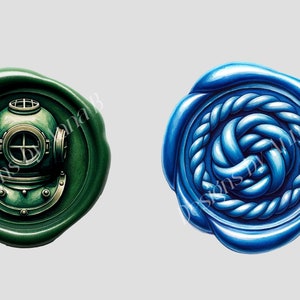 May include: Two wax seals, one green with a diving helmet design and one blue with a rope knot design.