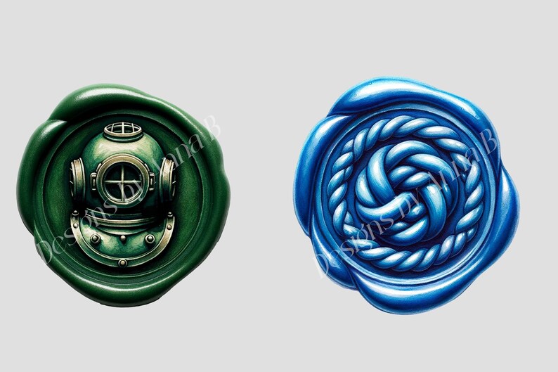 May include: Two wax seals, one green with a diving helmet design and one blue with a rope knot design.