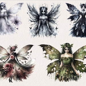 May include: Watercolor illustrations of fairies with detailed wings and dresses. The fairies are depicted in various colors, including gray, black, and green. The artwork has a whimsical and ethereal theme, perfect for fantasy art enthusiasts.