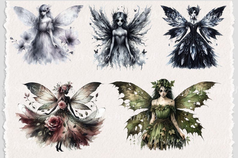 May include: Watercolor illustrations of fairies with detailed wings and dresses. The fairies are depicted in various colors, including gray, black, and green. The artwork has a whimsical and ethereal theme, perfect for fantasy art enthusiasts.