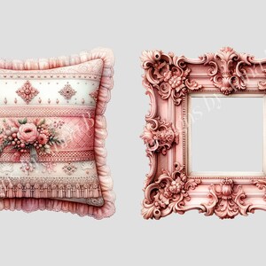 May include: A pink and white decorative pillow with a floral design and a pink ornate picture frame.