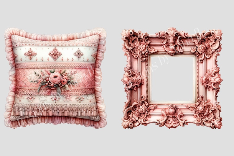 May include: A pink and white decorative pillow with a floral design and a pink ornate picture frame.