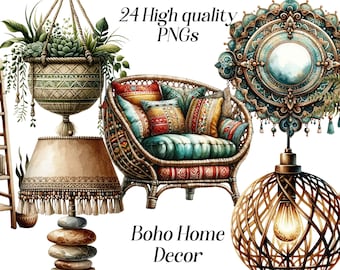 Watercolor Boho Home Decor Clipart: 24 PNG Files (Digital Download)