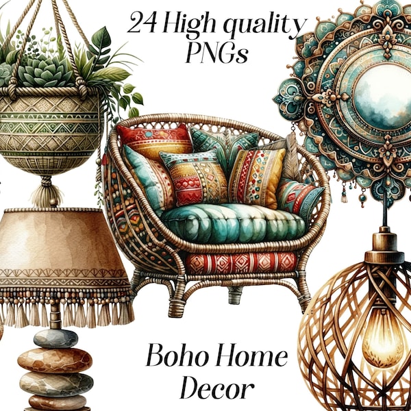 Watercolor Boho Home Decor clipart, 24 high quality PNG files, bohemian interior, boho style, interior design, furniture, decorations