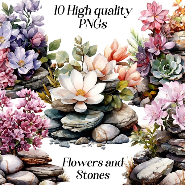 Watercolor Flower and Stones clipart, 10 high quality PNG files, floral clip art, nature clipart, botanical images, printable graphics